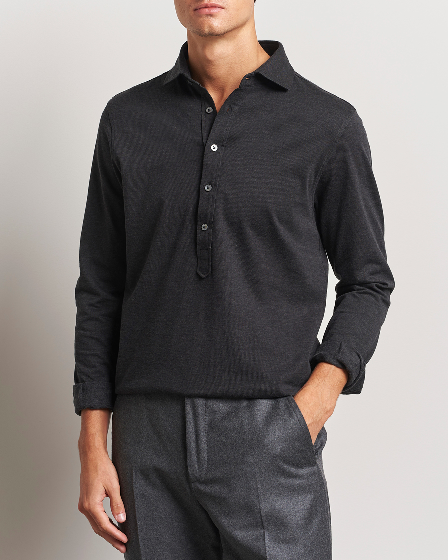 Herr |  | Gran Sasso | Brushed Cotton Popover Shirt Black