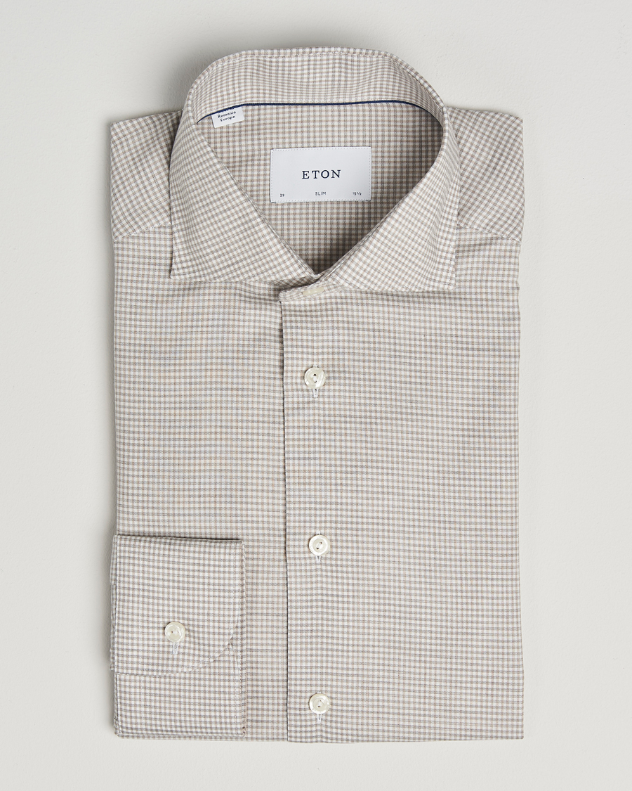 Herr | Skjortor | Eton | Slim Fit Checked Wrinkle Free Flannel Shirt Beige