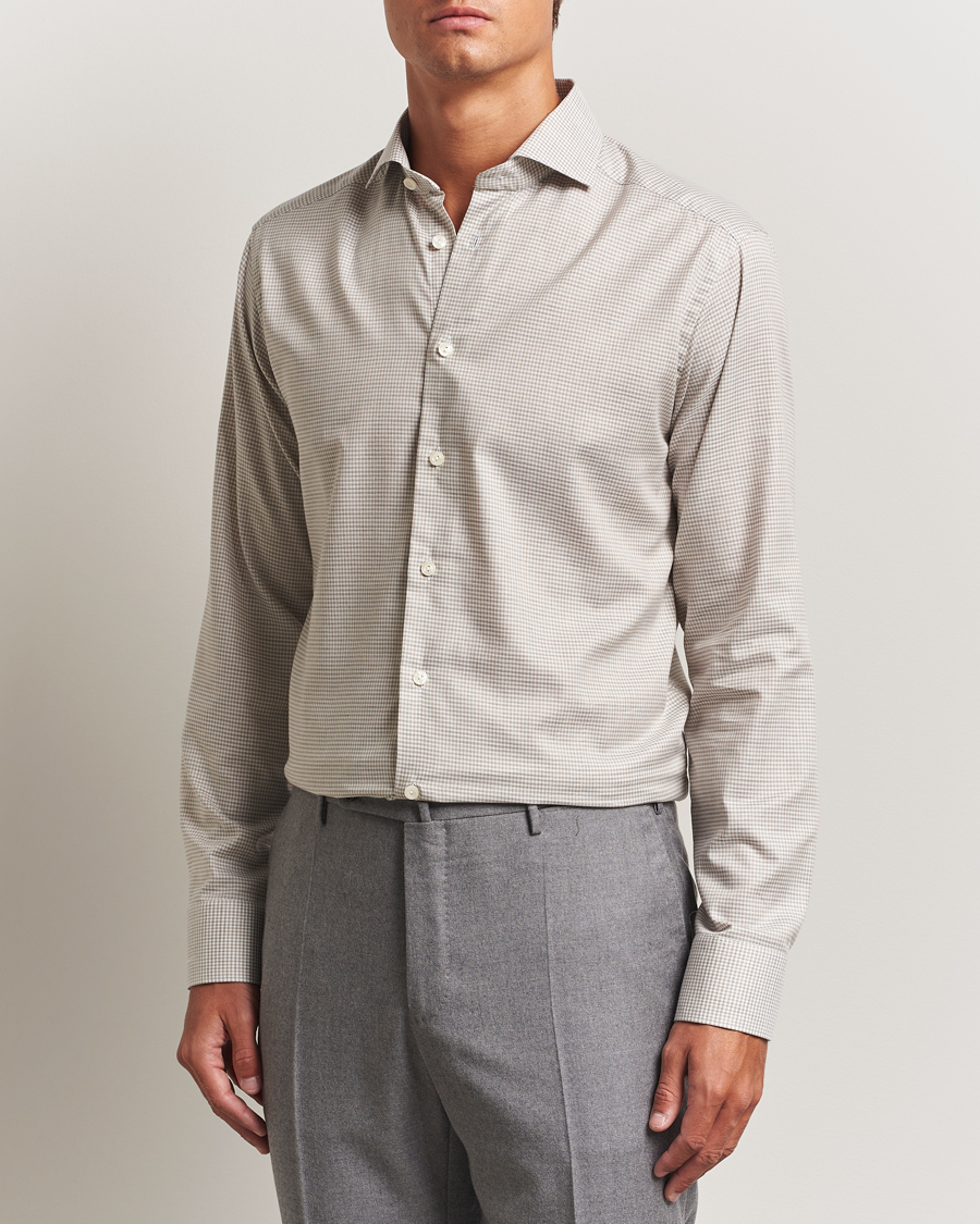 Herr | Skjortor | Eton | Slim Fit Checked Wrinkle Free Flannel Shirt Beige